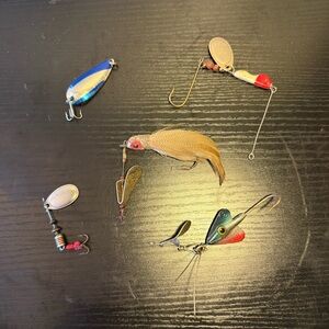 Vintage Lot 5 Fishing Lures Spinners Spoons‎ Hawaiian Wiggler Weezel Erie Dearie